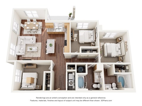 Floor plan for 3 beds, 2 baths, 1225 sqft